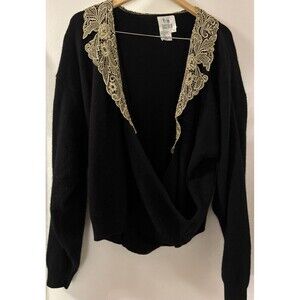 VTG Together! Lambswool Nylon Sweater Lace Collar Cottage Prairie Granny XL Blac